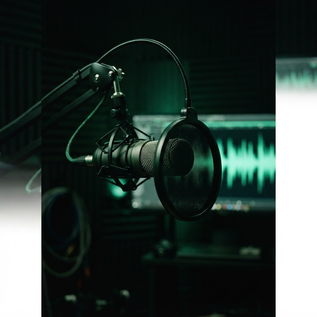 Studio microphone lit with green accent light and a glowing waveform