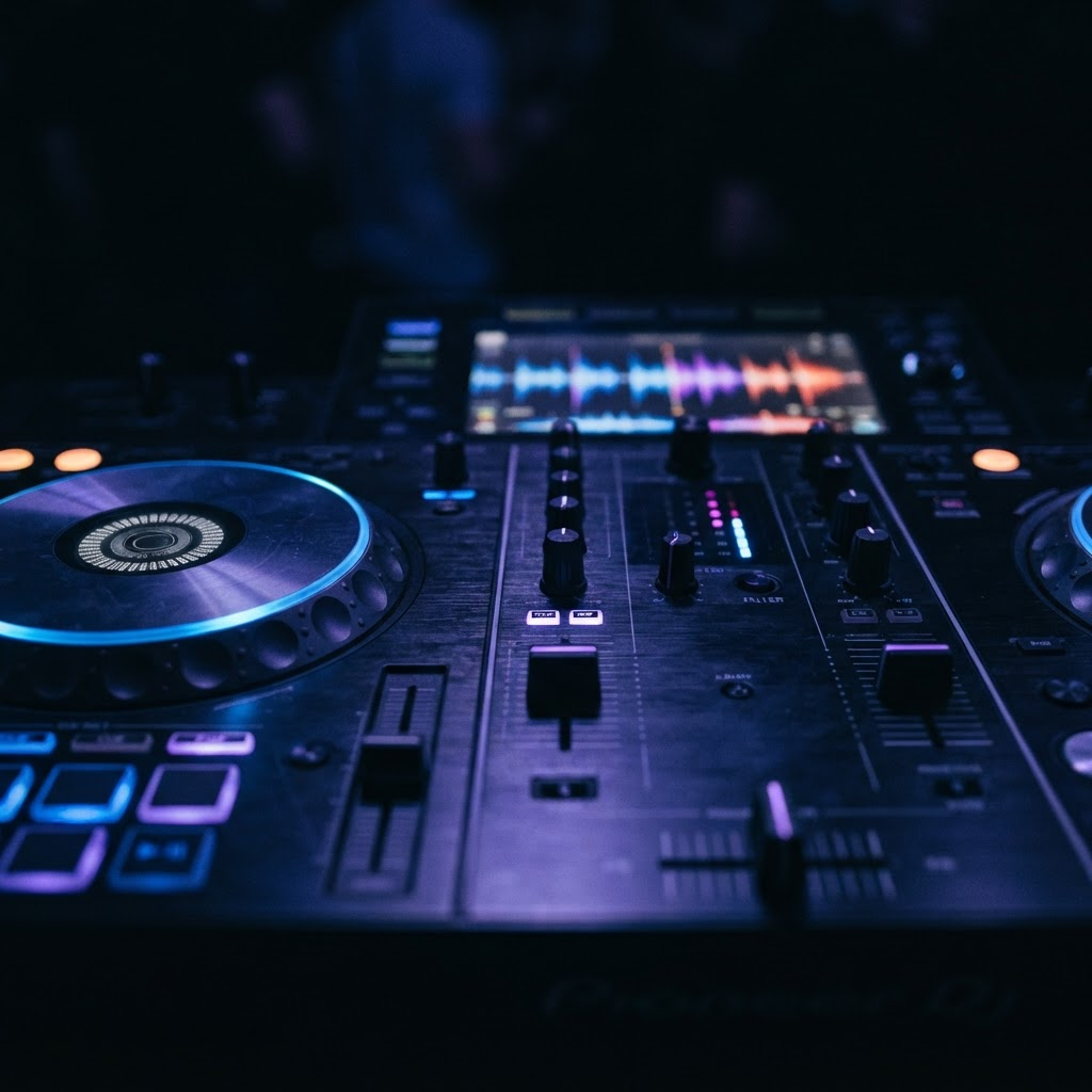Close-up of an illuminated professional DJ mixer at night